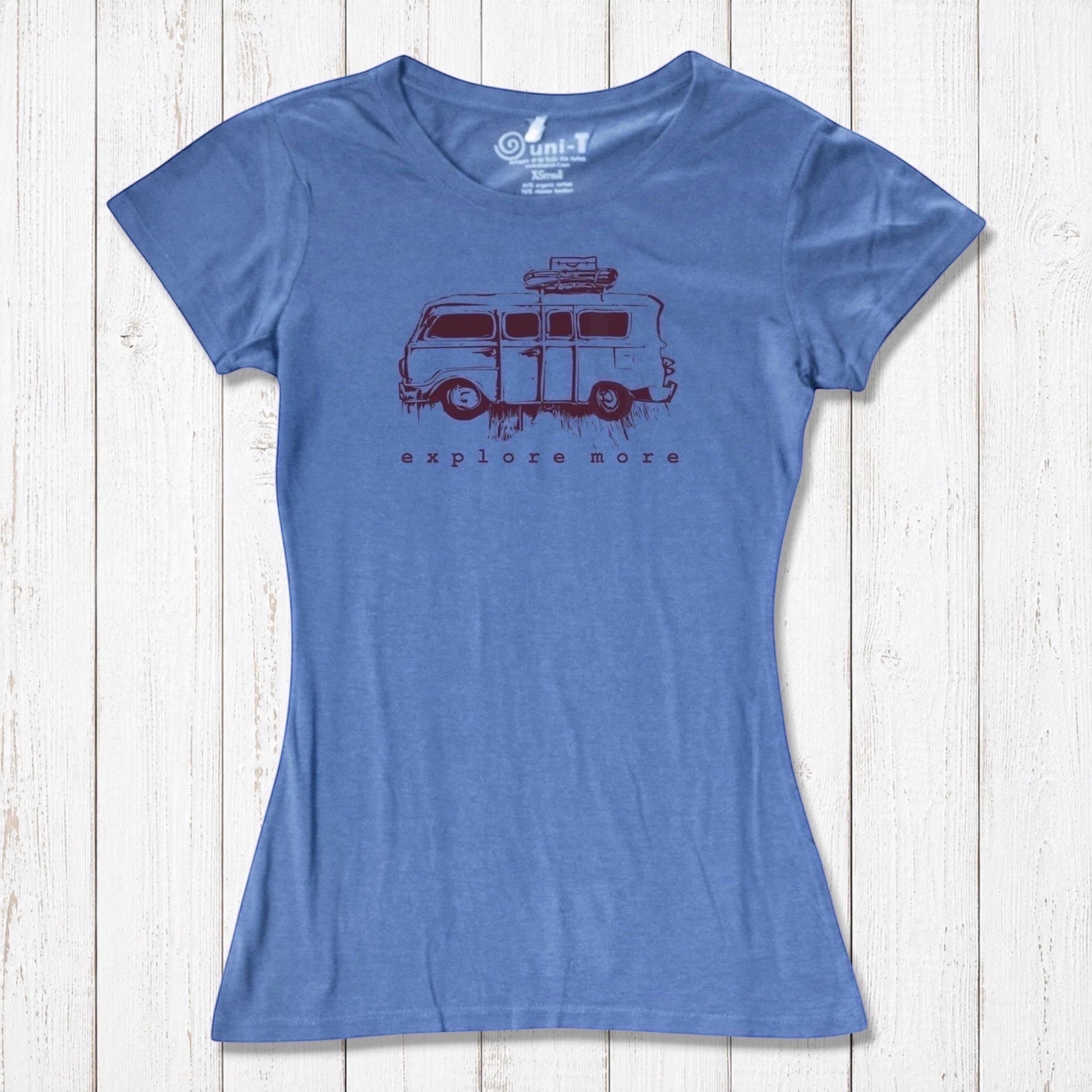Blue bamboo and organic cotton Retro Van T-Shirt for Women with vintage van and 'Explore More' adventure-themed print.