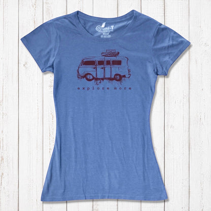 Blue bamboo and organic cotton Retro Van T-Shirt for Women with vintage van and 'Explore More' adventure-themed print.