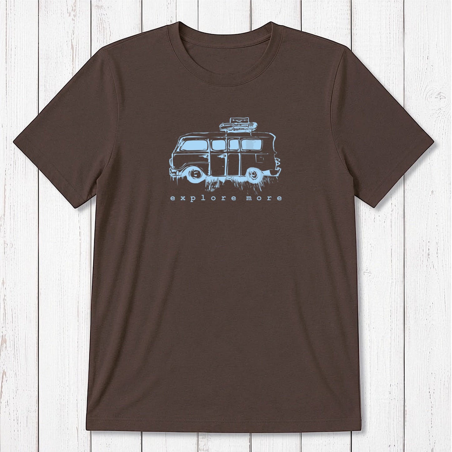 Brown men's T-shirt in bamboo & organic cotton with light blue retro van and 'Explore More' design, a stylish gift for adventure seekers.