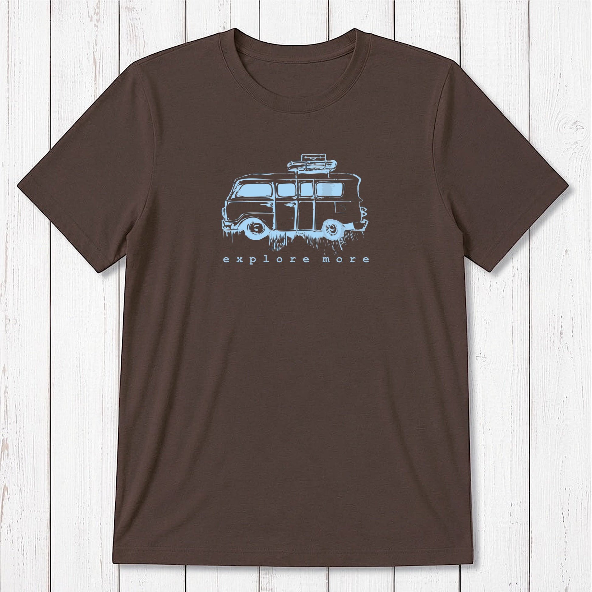 Brown men's T-shirt in bamboo & organic cotton with light blue retro van and 'Explore More' design, a stylish gift for adventure seekers.
