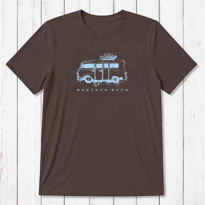 Brown men's T-shirt in bamboo & organic cotton with light blue retro van and 'Explore More' design, a stylish gift for adventure seekers.