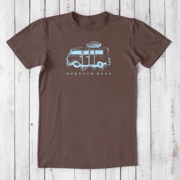 Brown men's T-shirt in bamboo & organic cotton with light blue retro van and 'Explore More' design, a stylish gift for adventure seekers.