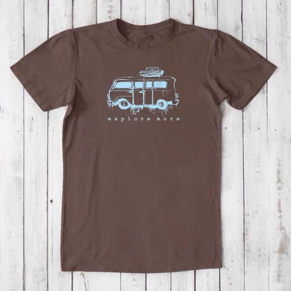 Brown men's T-shirt in bamboo & organic cotton with light blue retro van and 'Explore More' design, a stylish gift for adventure seekers.
