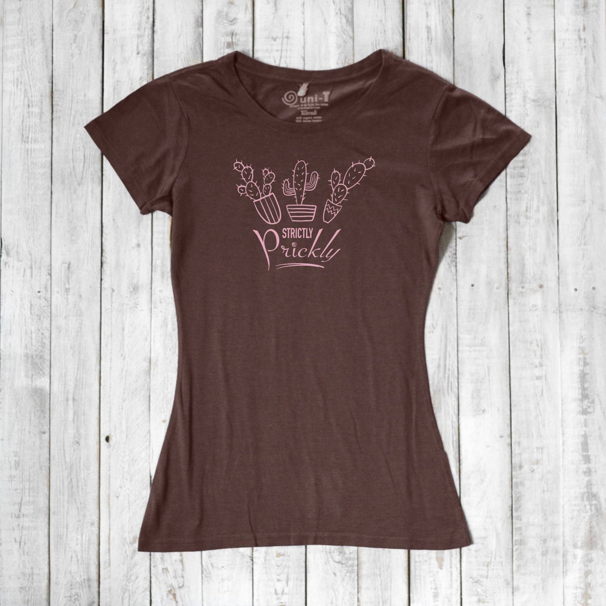Brown cactus t-shirt for women with pink 'Strictly Prickly' design. Crafted from bamboo and organic cotton for eco-conscious comfort.