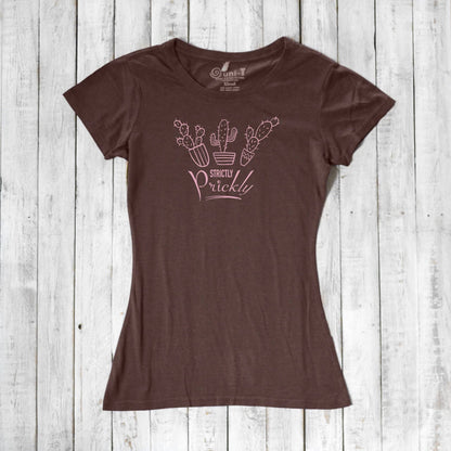 Brown cactus t-shirt for women with pink 'Strictly Prickly' design. Crafted from bamboo and organic cotton for eco-conscious comfort.