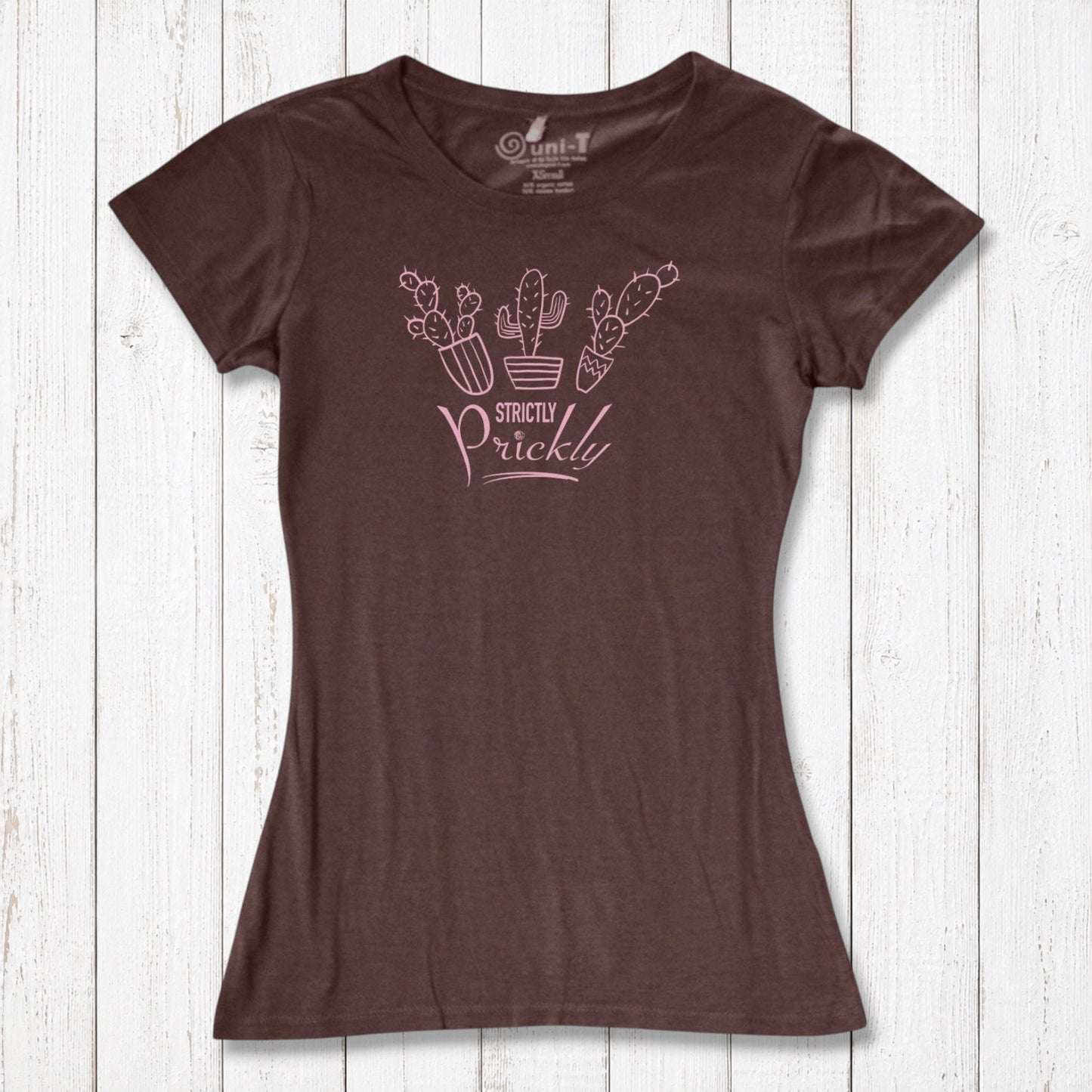 Brown cactus t-shirt for women with pink 'Strictly Prickly' design. Crafted from bamboo and organic cotton for eco-conscious comfort.