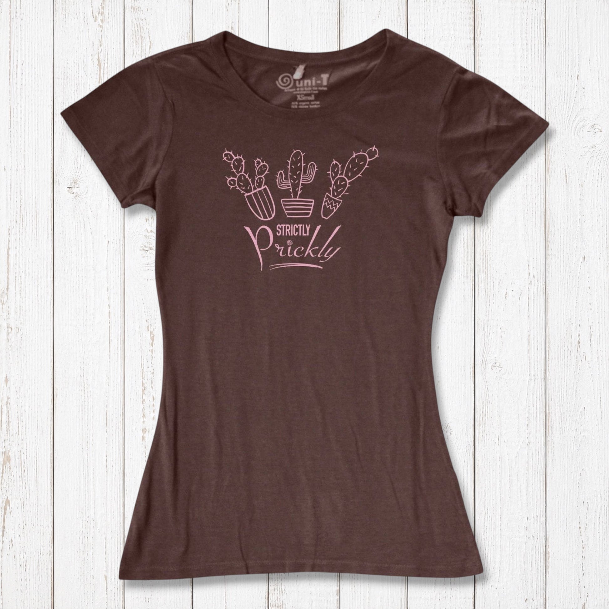 Brown cactus t-shirt for women with pink 'Strictly Prickly' design. Crafted from bamboo and organic cotton for eco-conscious comfort.