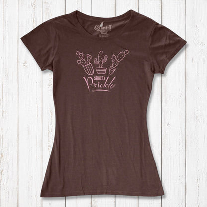 Brown cactus t-shirt for women with pink 'Strictly Prickly' design. Crafted from bamboo and organic cotton for eco-conscious comfort.