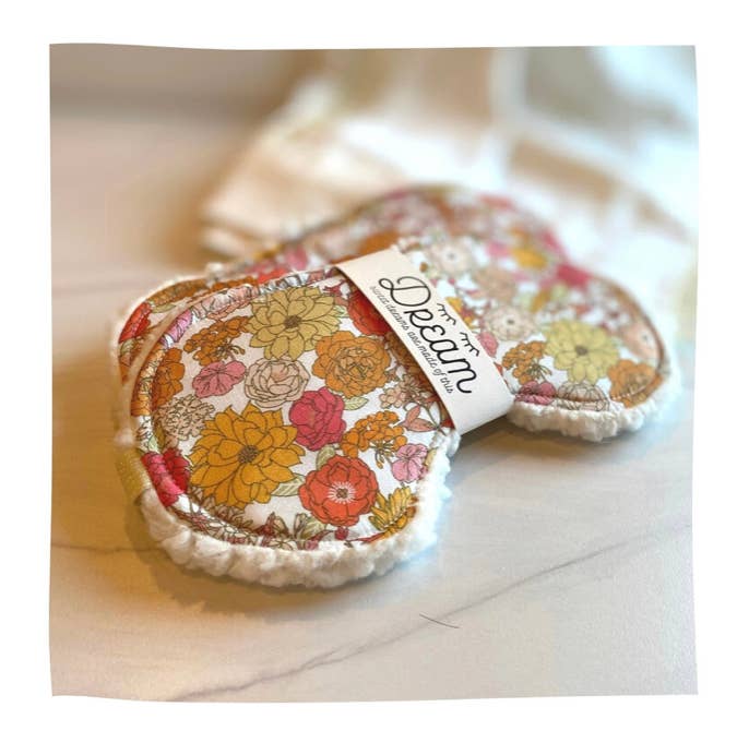 Close-up of Liberty Sweet Dreams floral cotton sleep mask with soft minky trim, designed for soothing sleep and relaxation.