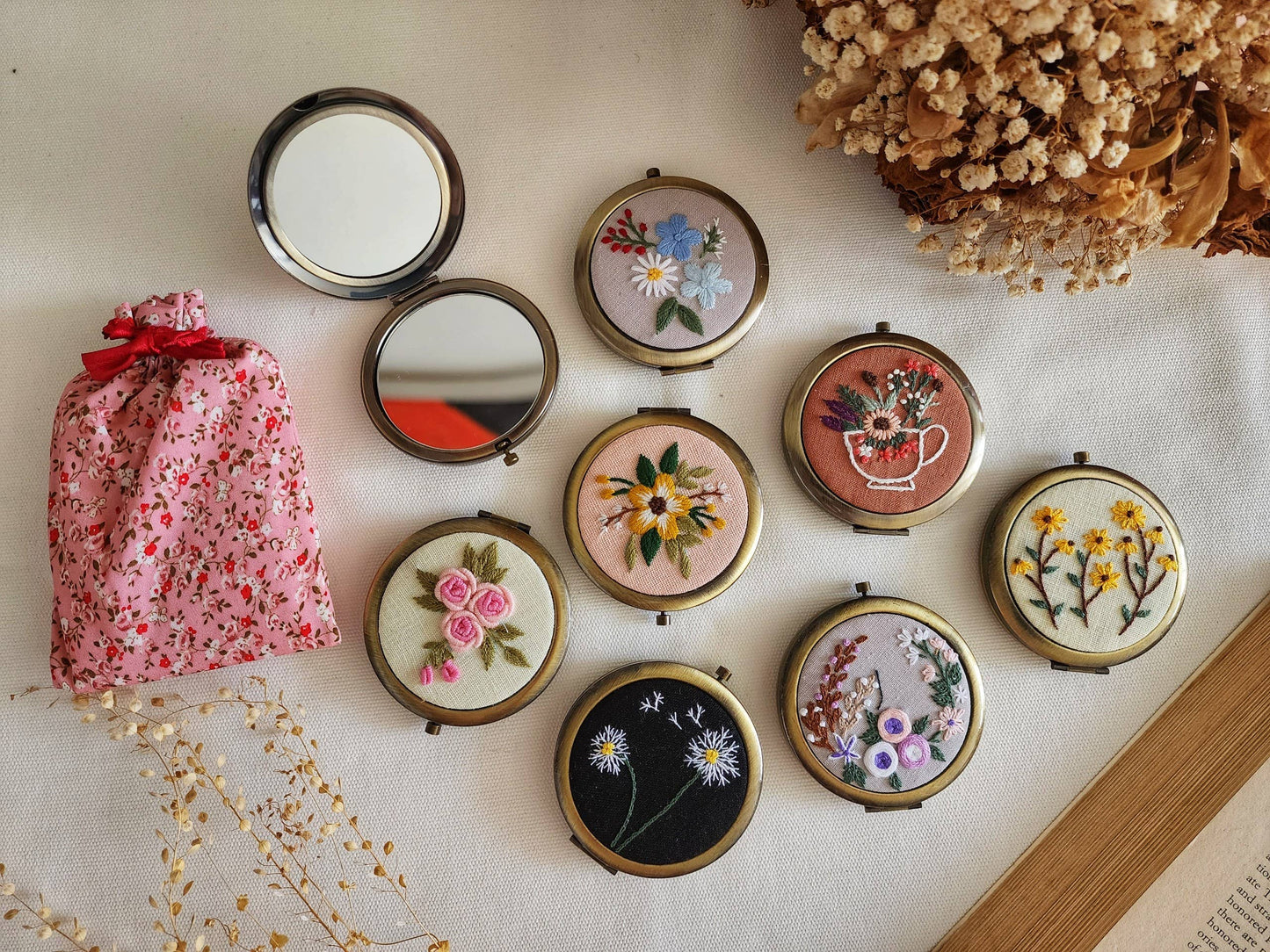Floral Compact Mirror - Compact Mirror | Practical Gift set from Sophia Collection featuring 8 embroidered designs with floral pouch, ideal for women.