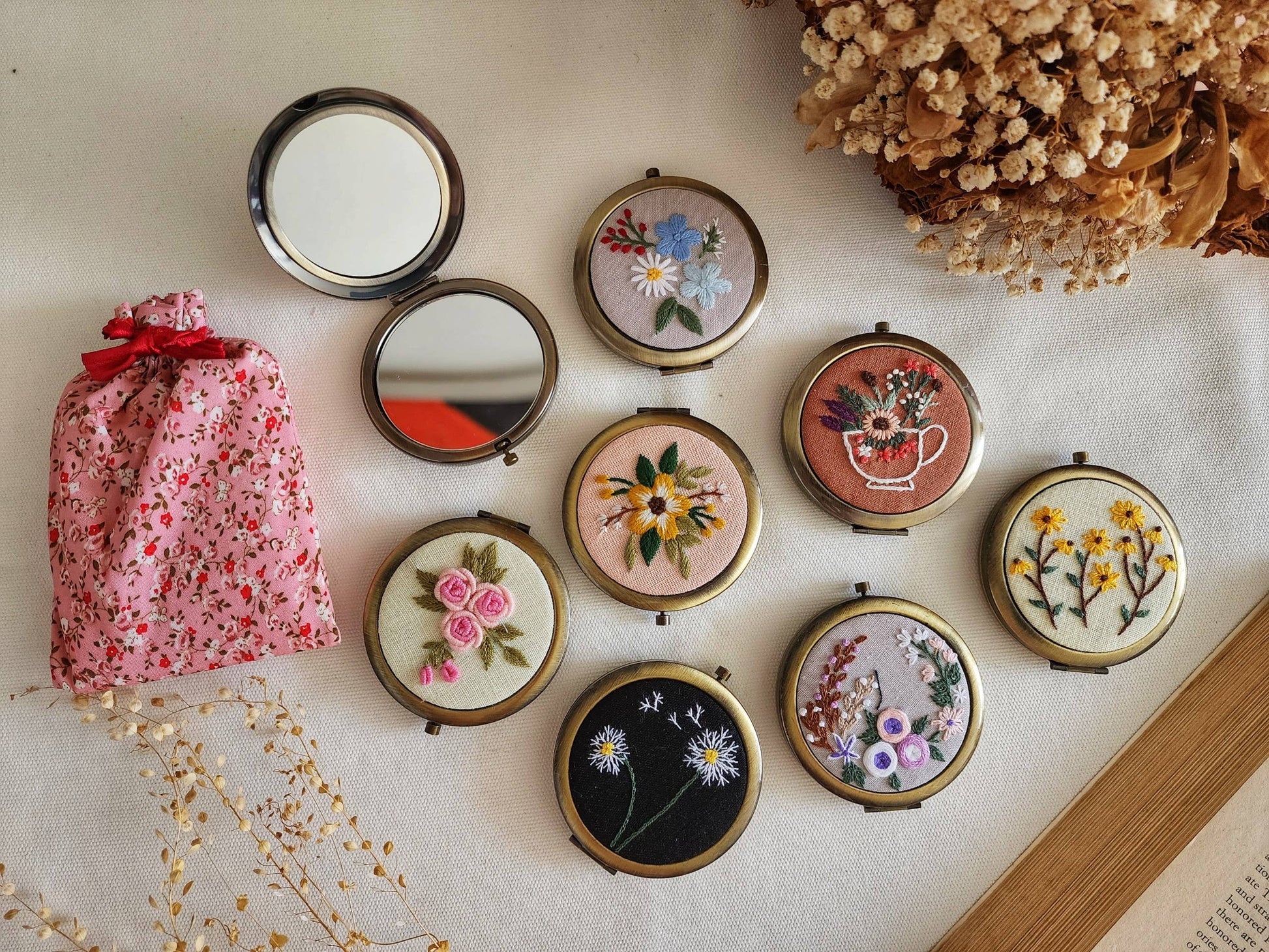 Floral Compact Mirror - Compact Mirror | Practical Gift set from Sophia Collection featuring 8 embroidered designs with floral pouch, ideal for women.