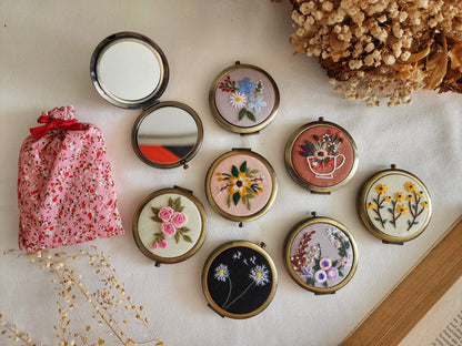 Floral Compact Mirror - Compact Mirror | Practical Gift set from Sophia Collection featuring 8 embroidered designs with floral pouch, ideal for women.