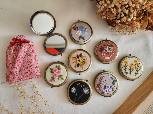 Floral Compact Mirror - Compact Mirror | Practical Gift set from Sophia Collection featuring 8 embroidered designs with floral pouch, ideal for women.