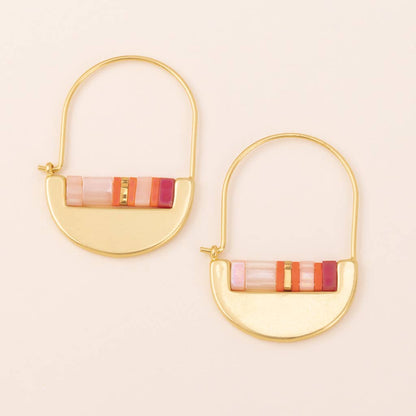Miyuki Crescent Hoop Earrings - Playful Modern Design featuring pink multi and gold beads in a matte and pearlescent finish. Hypoallergenic and nickel-free.