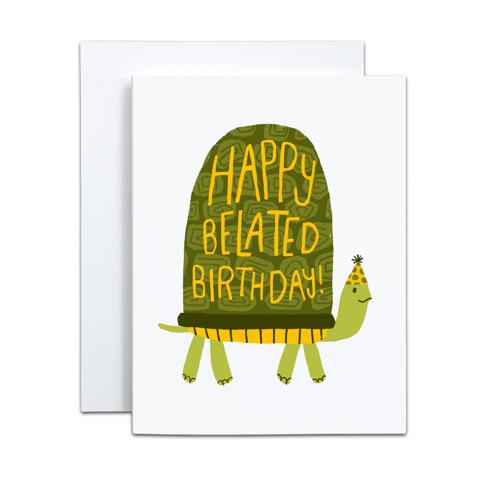 The Belated Birthday Greeting Card - Illustrated Turtle Design by Copper & Print features a cartoon turtle in a yellow party hat with “HAPPY BELATED BIRTHDAY!” on its shell and a plain white background.