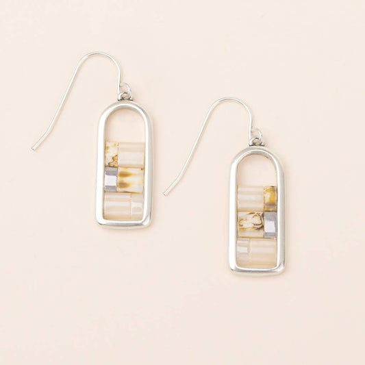 Miyuki Frame Earrings - Ivory/Silver with delicate pearlescent glass beads and sterling silver dipped brass frame on a neutral background.