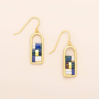 Miyuki Frame Earrings - Indigo/Gold feature matte and pearlescent glass beads in a gold-tone frame, perfect for modern jewelry styling.