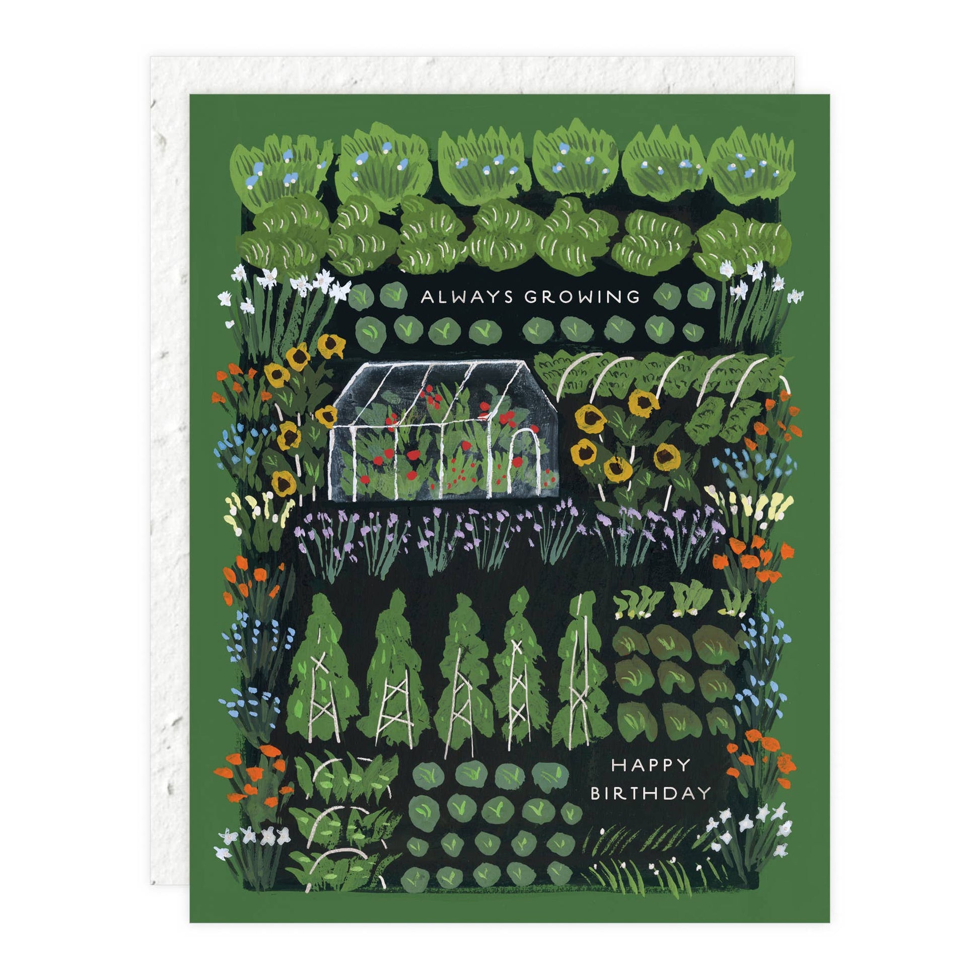 Garden Greenhouse Card - Plantable Birthday | Eco-Friendly card featuring a colorful greenhouse garden illustration with 'Always Growing' and 'Happy Birthday' text.