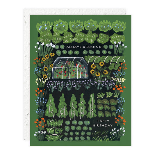 Garden Greenhouse Card - Plantable Birthday | Eco-Friendly card featuring a colorful greenhouse garden illustration with 'Always Growing' and 'Happy Birthday' text.