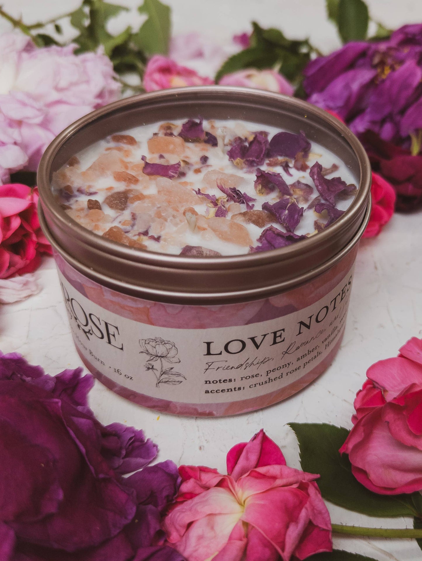 Love Notes Soy Candle Rose Petals Pink Himalayan Salt Flower