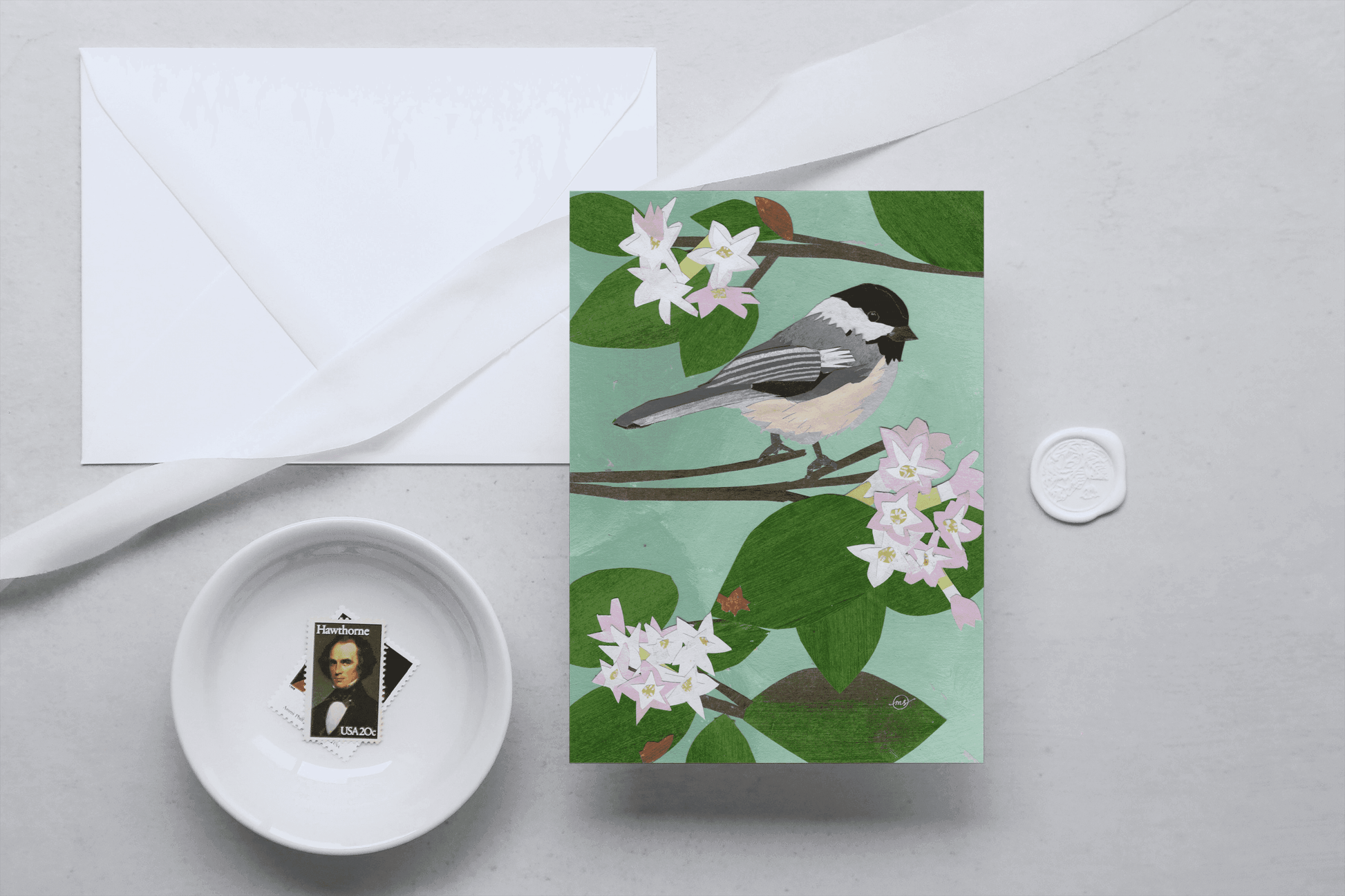 Massachusetts Mayflower Chickadee Note Card Mandy Warhol Fine Art