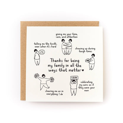 Thanks For Being My Family Mother's Day Card with hand-drawn illustrations