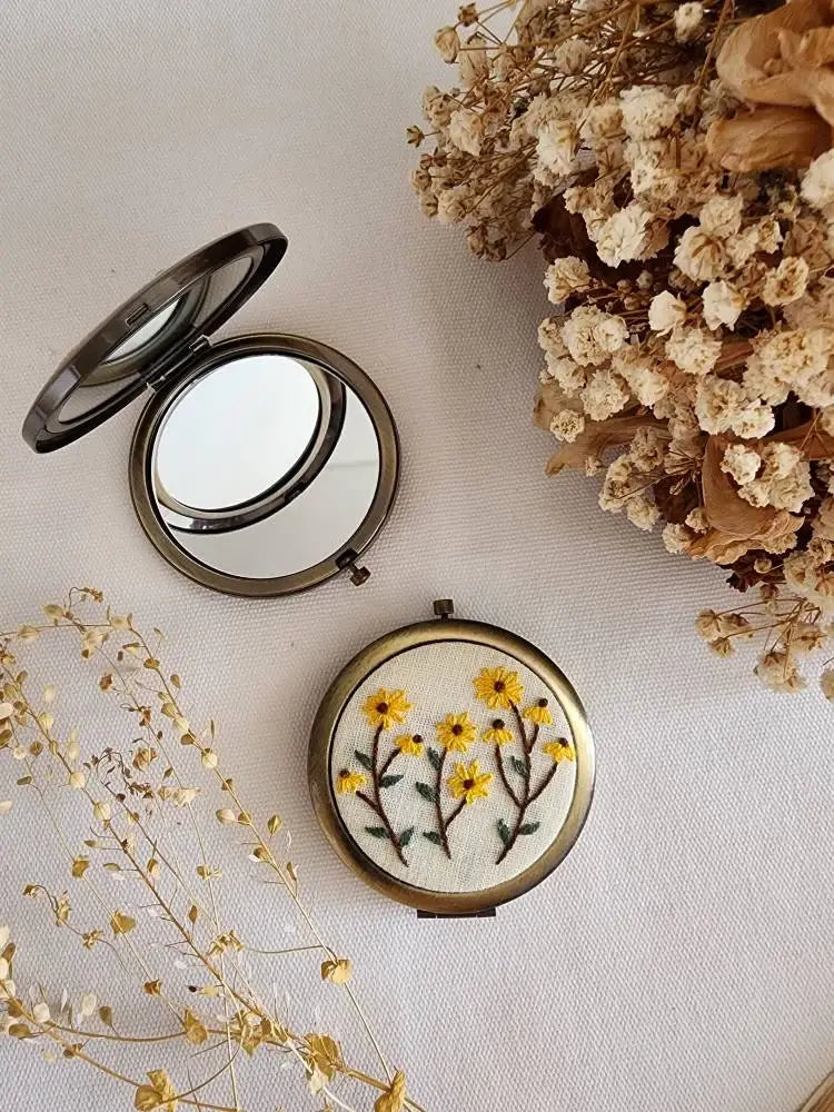 Floral Compact Mirror featuring yellow flower embroidery, part of Sophia Collection, ideal for gifting and everyday beauty use.