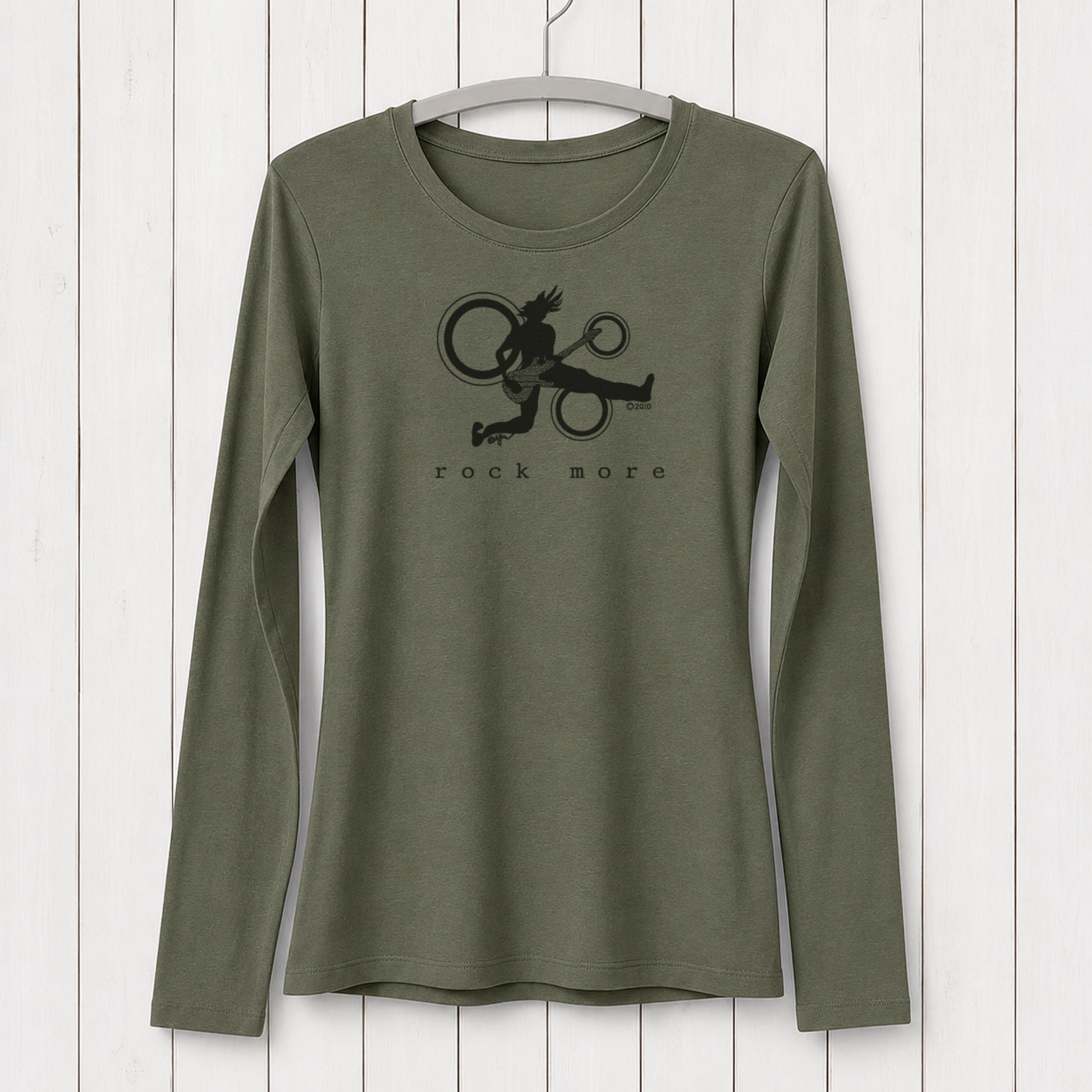 Olive green women's long sleeve T-shirt with a black graphic of a character playing guitar and circular design, casual style, made of bamboo and organic cotton, SKU: WLSXSNAV