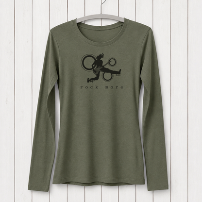 Olive green women's long sleeve T-shirt with a black graphic of a character playing guitar and circular design, casual style, made of bamboo and organic cotton, SKU: WLSXSNAV