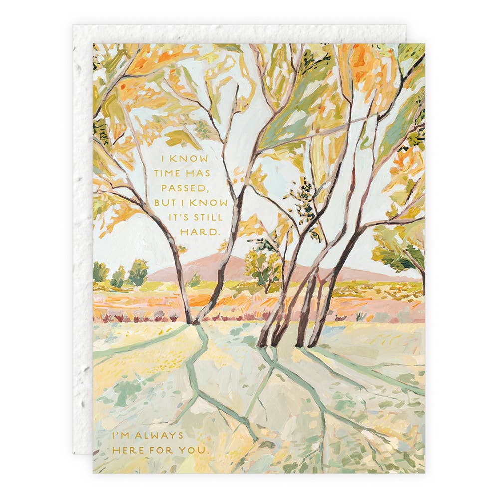 In the Shade - Plantable Sympathy Card | Eco-Friendly greeting card with painted trees and gold text expressing comfort and support.