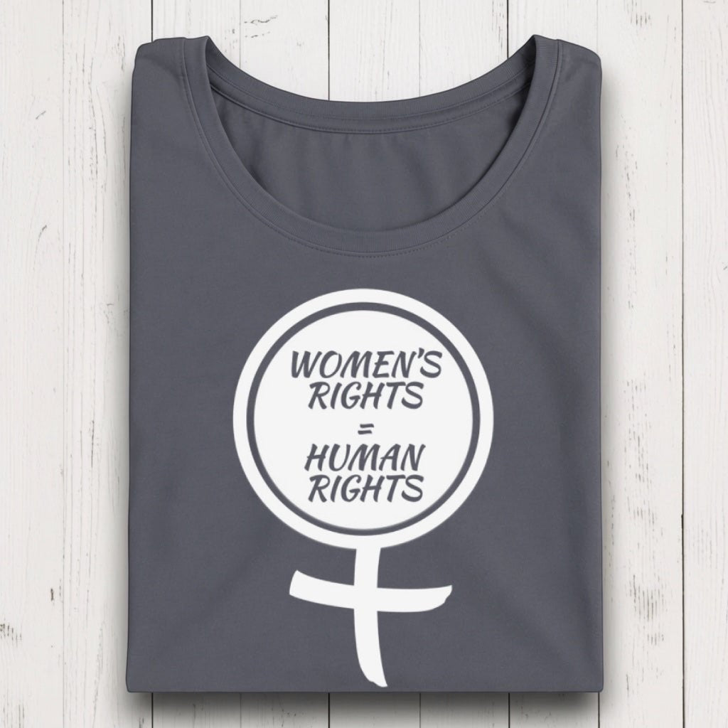 Dark gray long sleeve women's T-shirt with white feminist message and female symbol graphic on white wooden background