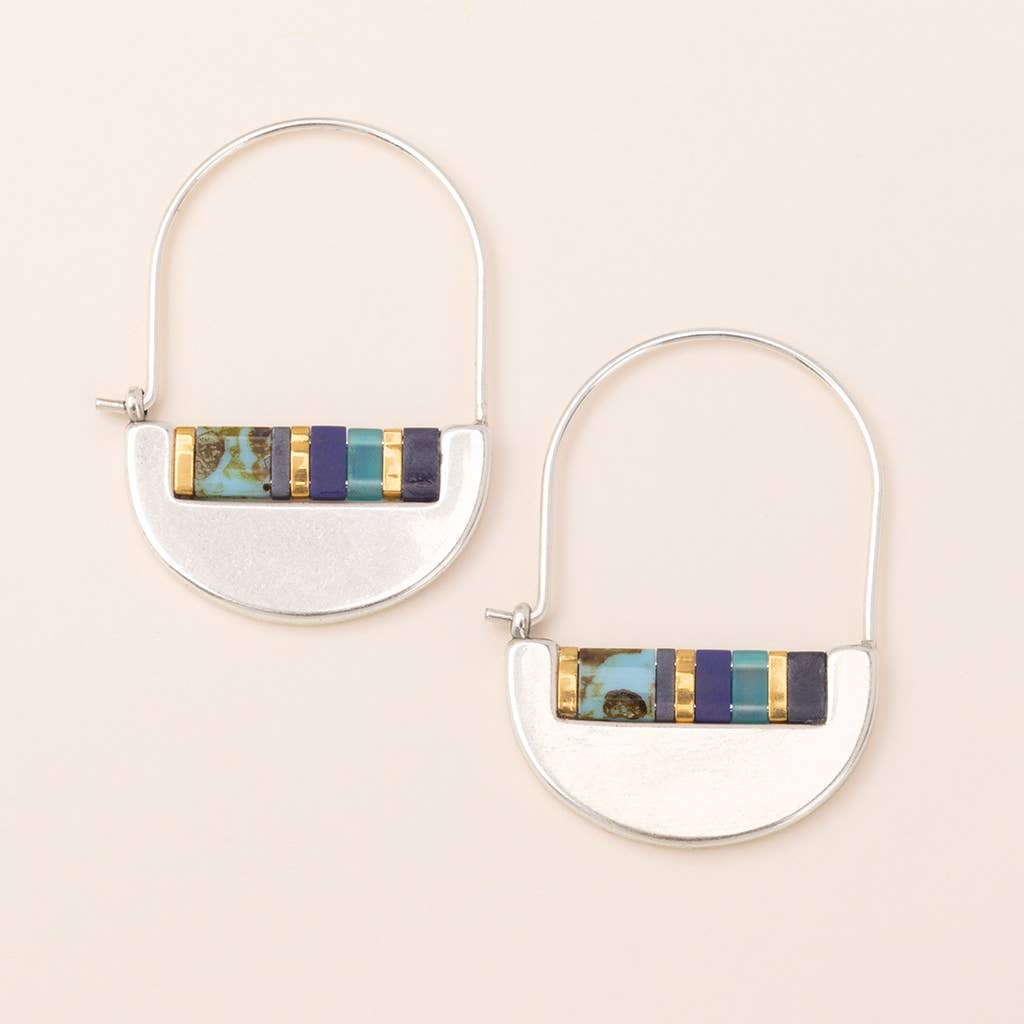 Miyuki Crescent Hoop Earrings - Cobalt/Silver featuring Japanese glass beads in matte and pearlescent finishes on silver-tone crescent hoops.