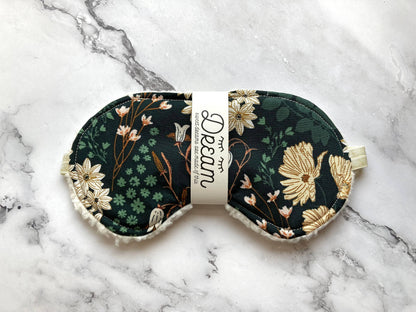 Floral-patterned Emerald Sleep Mask made of 100% cotton with plush minky lining, ideal for sweet dreams and gentle on skin.