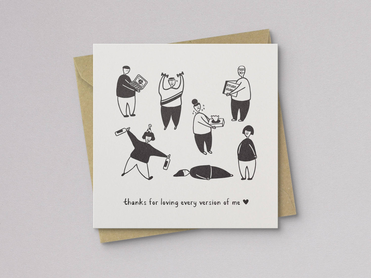 Black and white illustrated greeting card with humorous characters and message