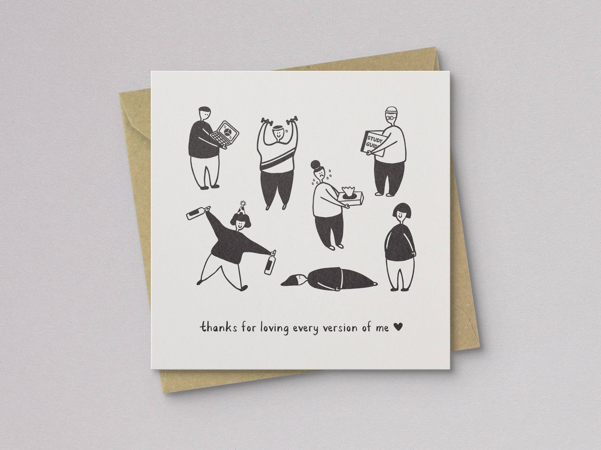 Black and white illustrated greeting card with humorous characters and message