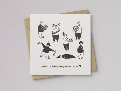Black and white illustrated greeting card with humorous characters and message