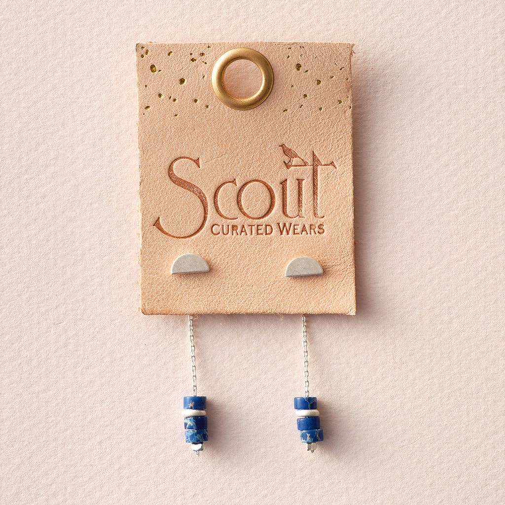 Lapis Stone Earrings - Meteor Thread displayed on Scout Curated Wears branded card, featuring silver chain and stacked lapis stones.