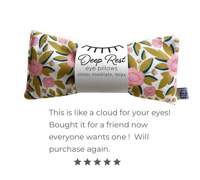 Customer review of Deep Rest weighted eye pillow in floral pattern, praised for comfort and relaxation benefits with 5-star rating.