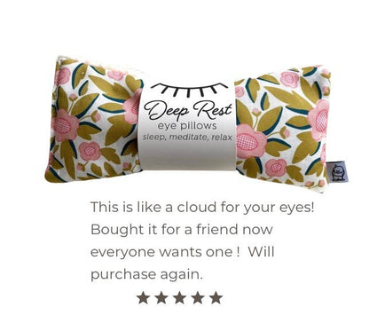 Deep Rest Eye Pillow with pink floral design and 5-star review, praised for comfort and effectiveness in promoting relaxation and sleep.