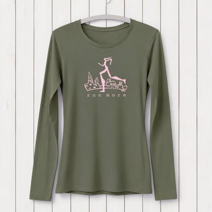 Olive green women's long sleeve T-shirt with pink graphic of a runner and cityscape, made from bamboo and organic cotton, casual activewear