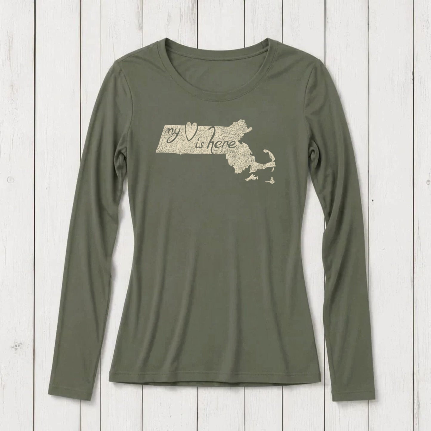 Olive green long sleeve T-shirt with a Massachusetts map outline and the phrase 'my heart is here' in script, made from organic cotton and bamboo blend, SKU: WLSXSNAV