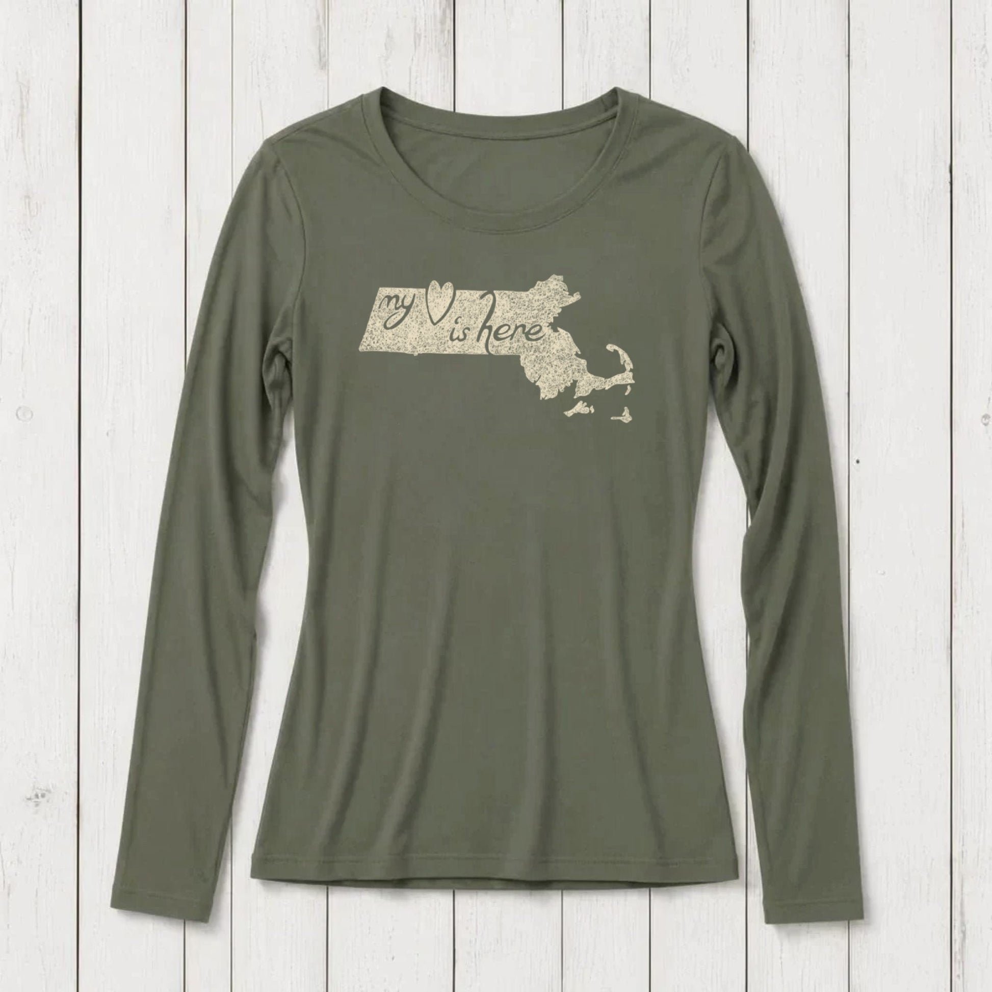 Olive green long sleeve T-shirt with a Massachusetts map outline and the phrase 'my heart is here' in script, made from organic cotton and bamboo blend, SKU: WLSXSNAV