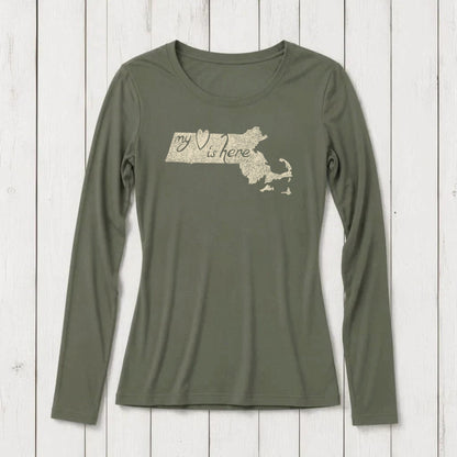 Olive green long sleeve T-shirt with a Massachusetts map outline and the phrase 'my heart is here' in script, made from organic cotton and bamboo blend, SKU: WLSXSNAV