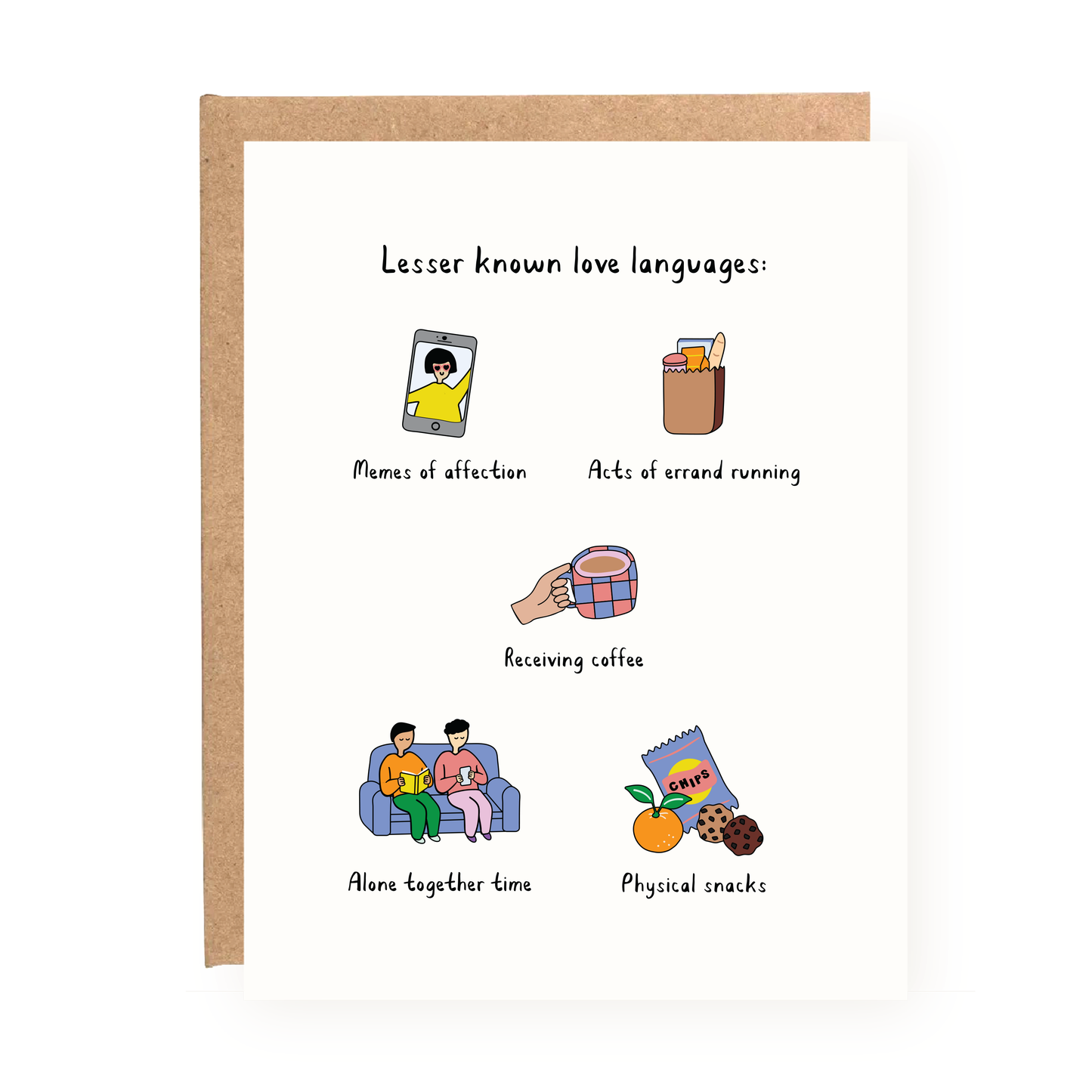 Lesser Known Love Languages Valentine's Day Card with illustrations of a phone, snacks, coffee, and people