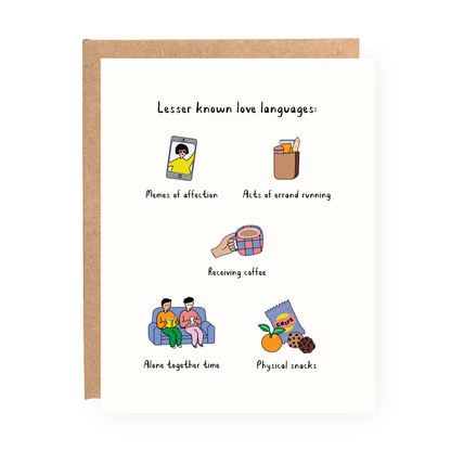 Lesser Known Love Languages Valentine's Day Card with illustrations of a phone, snacks, coffee, and people