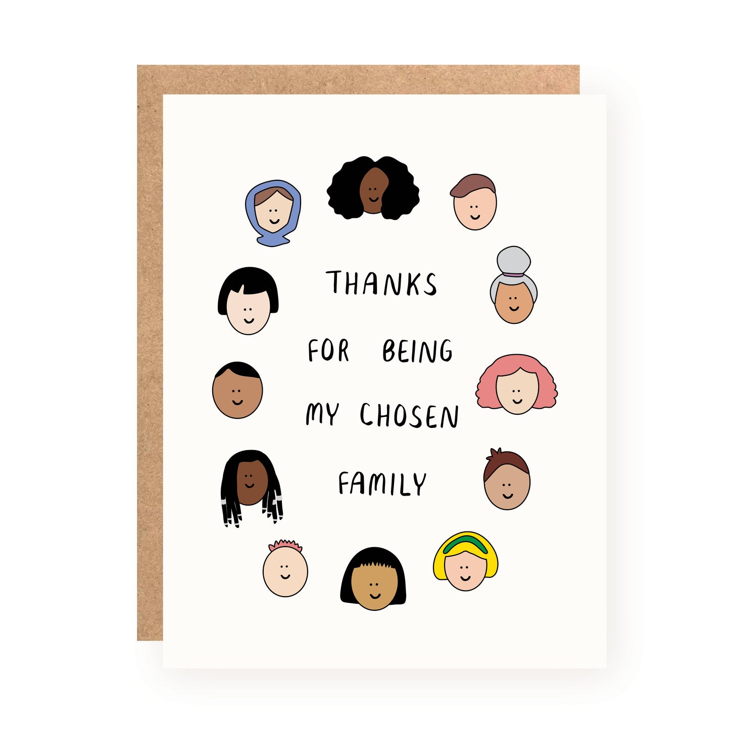 Chosen Family Thank You Card with diverse illustrated faces