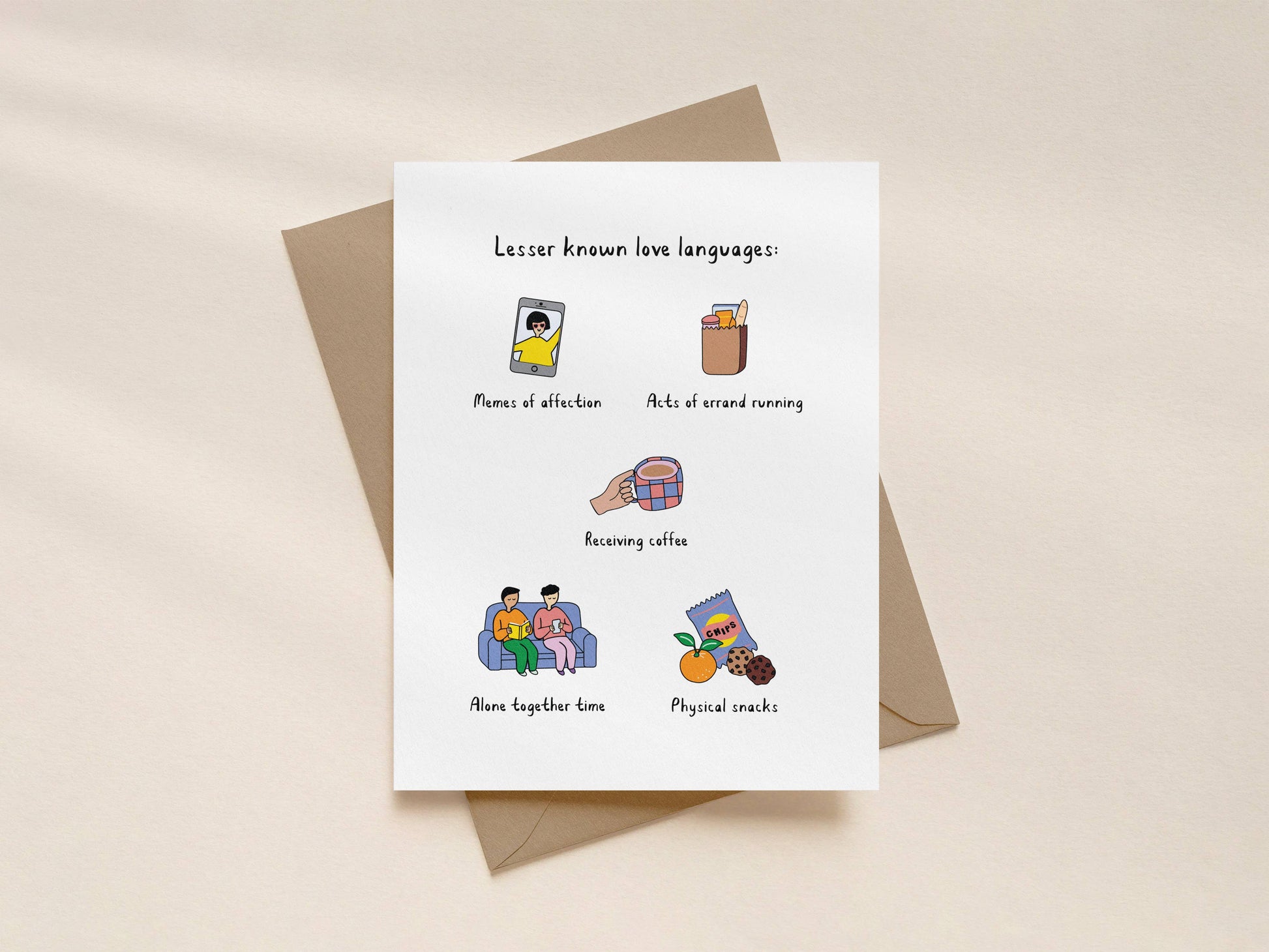 Lesser Known Love Languages Valentine's Day Card with illustrations of a phone, snacks, coffee, and people