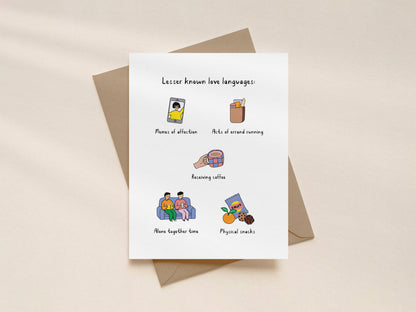 Lesser Known Love Languages Valentine's Day Card with illustrations of a phone, snacks, coffee, and people