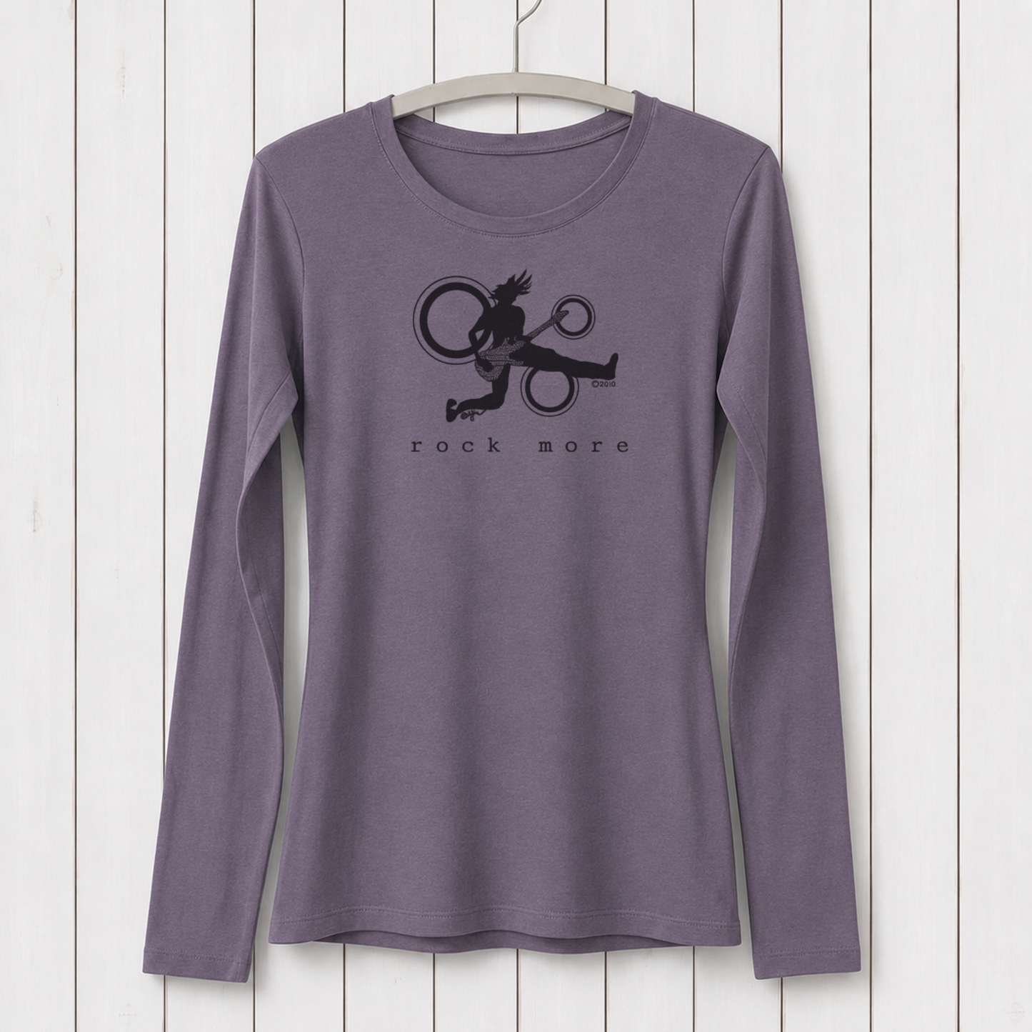 Purple long sleeve graphic T-shirt featuring a silhouette of a guitarist jumping with a guitar, eco-friendly casual wear for music lovers, size L