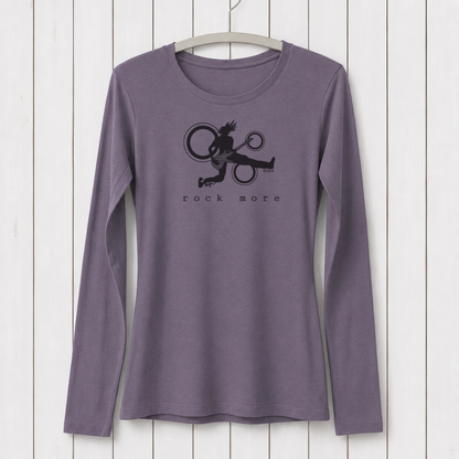 Purple long sleeve graphic T-shirt featuring a silhouette of a guitarist jumping with a guitar, eco-friendly casual wear for music lovers, size L